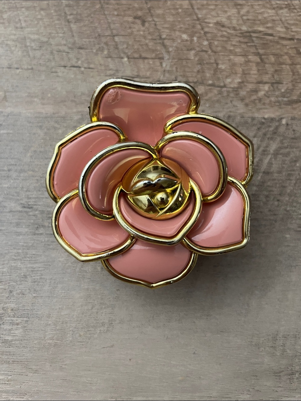 Pink Enamel Flower Hair Claw Clip with Gold Trim